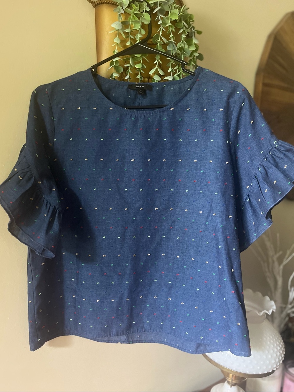 DREW Chambray Swiss Dot Ruffle Sleeve Blouse